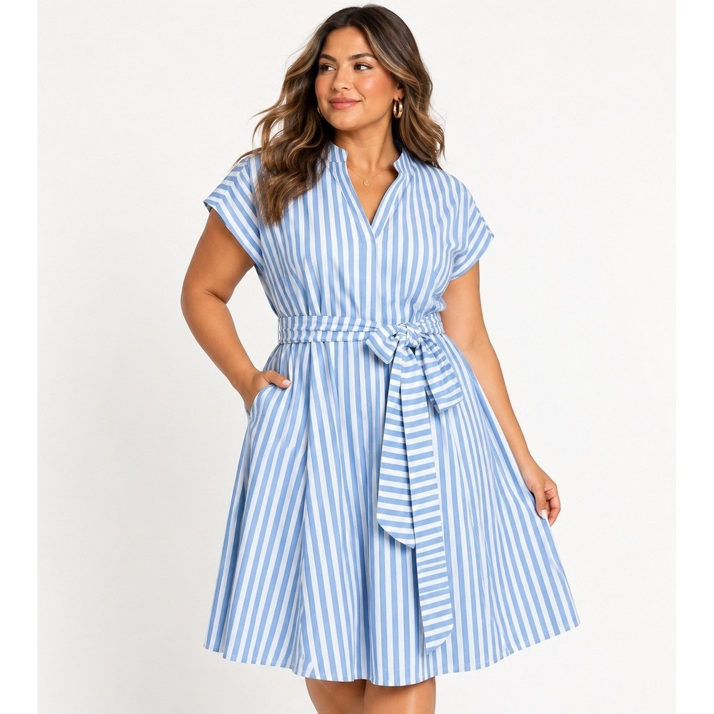 41 Hawthorn Paris Knit Poplin Dress Blue White Striped Belted Midi 1X NEW